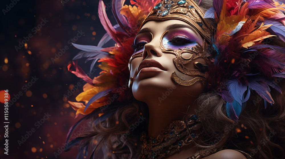 Naklejka premium Stunning portrait of a woman in elaborate Mardi Gras costume with colorful feathers and mask