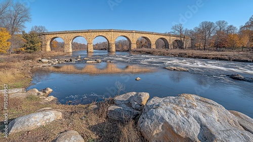 Old stone arch bridge spanning a river, autumn foliage on the shore, calm water reflections. photo