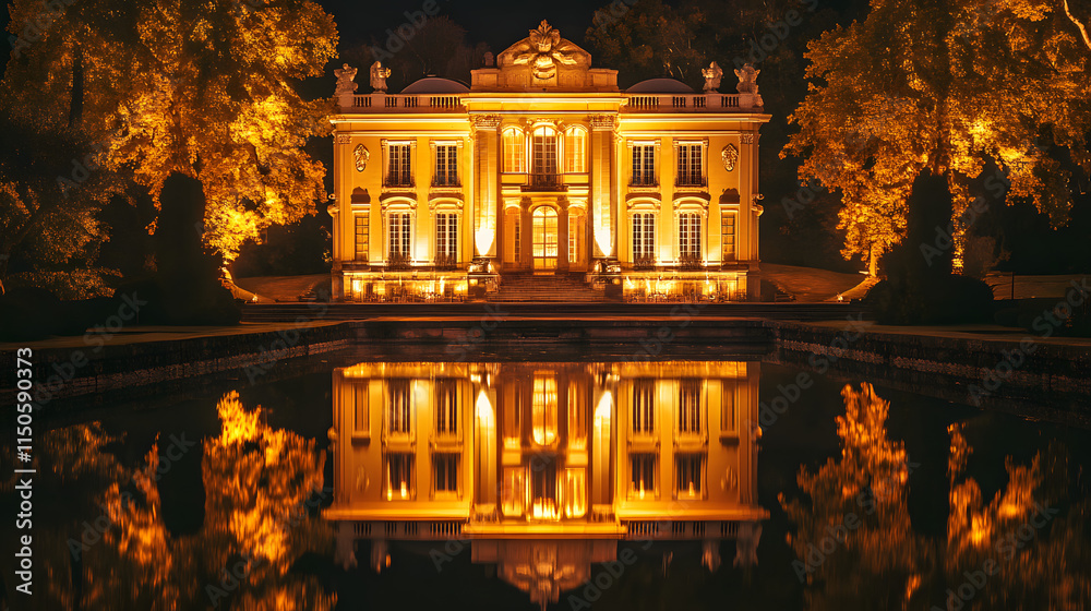 Fototapeta premium A baroque palace glowing in golden lights with its facade mirrored in a still pond.