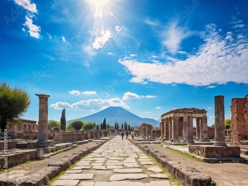 Ancient Roman Ruins with Mount Vesuvius in the Background