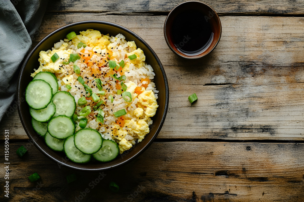 A vibrant rice bowl with fluffy scrambled eggs, crisp cucumber, and soy sauce