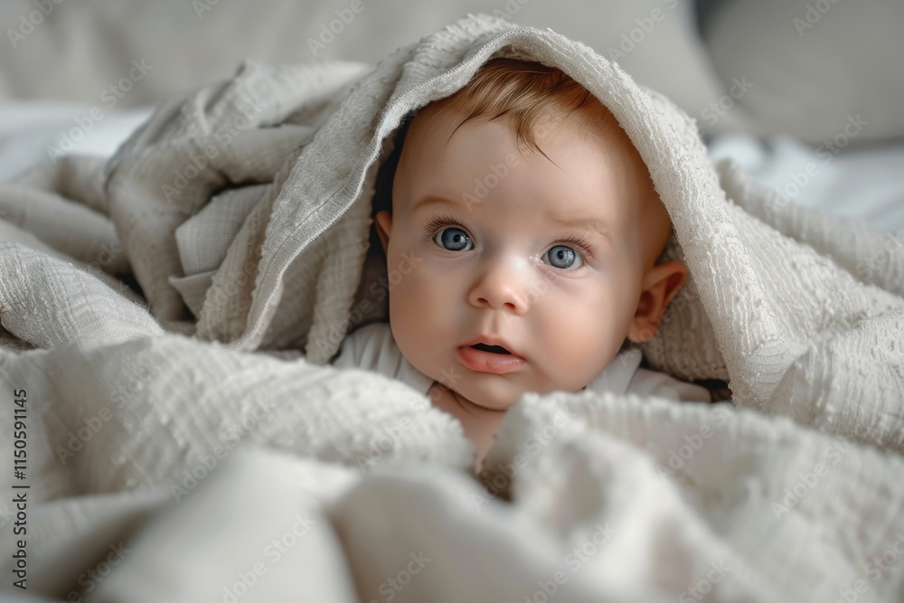 Wide-eyed baby wrapped in a colorful blanket with intricate patterns, showcasing innocence and curiosity in a serene indoor setting Wide-eyed baby wrapped in a colorful blanket with intricate patterns, showcasing innocence and curiosity in a serene indoor setting