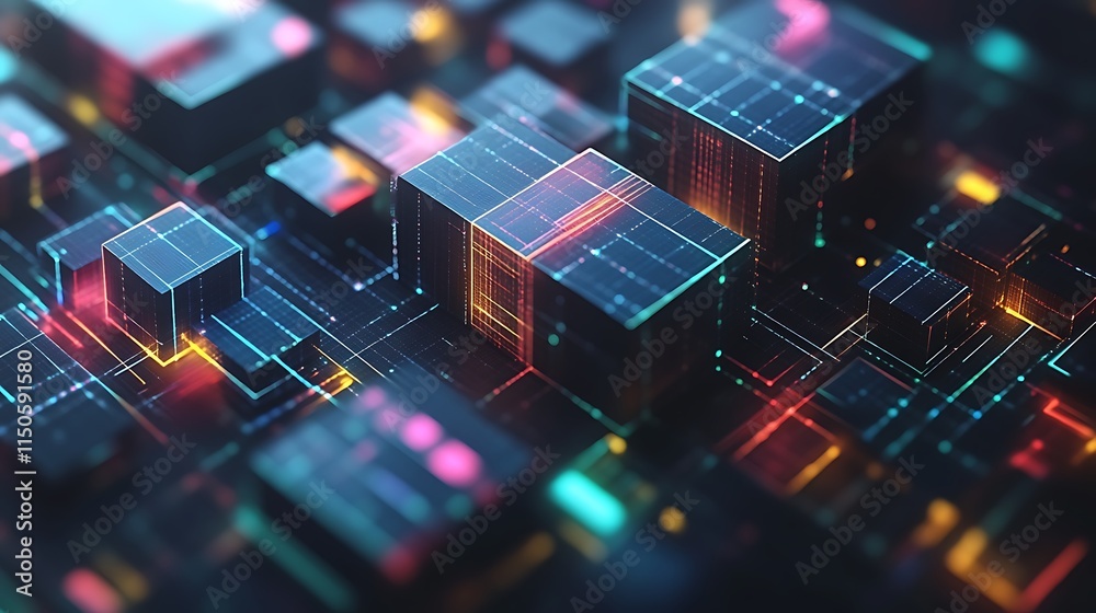 Obraz premium Abstract Digital Cubes Illuminated Neon Network