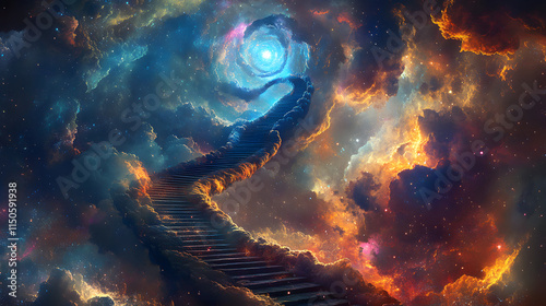 A celestial stairway made of glowing crystals spiraling into a radiant nebula.
