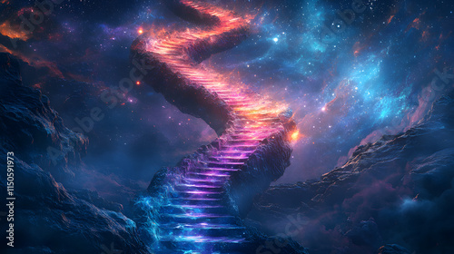 A celestial stairway made of glowing crystals spiraling into a radiant nebula.