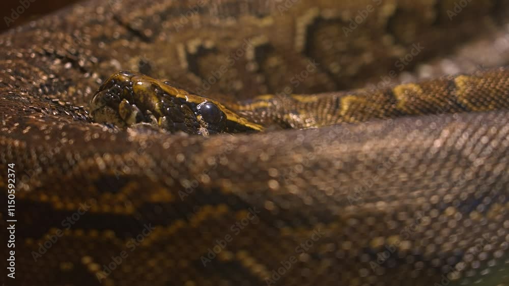 Snake Python resting and coiled itself in the nest. Python snake curled up and sleep in the zoo under warm light. Large snake living in the jungle and feeding on big animals. Snake Python resting and coiled itself in the nest. Python snake curled up and sleep in the zoo under warm light. Large snake living in the jungle and feeding on big animals.
