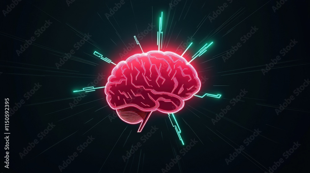 Fototapeta premium Vibrant Neon Brain Illustration with Striking Red Light Accents Portraying Creativity Intelligence and Modern Concepts of Neurotechnology and Mind Mapping