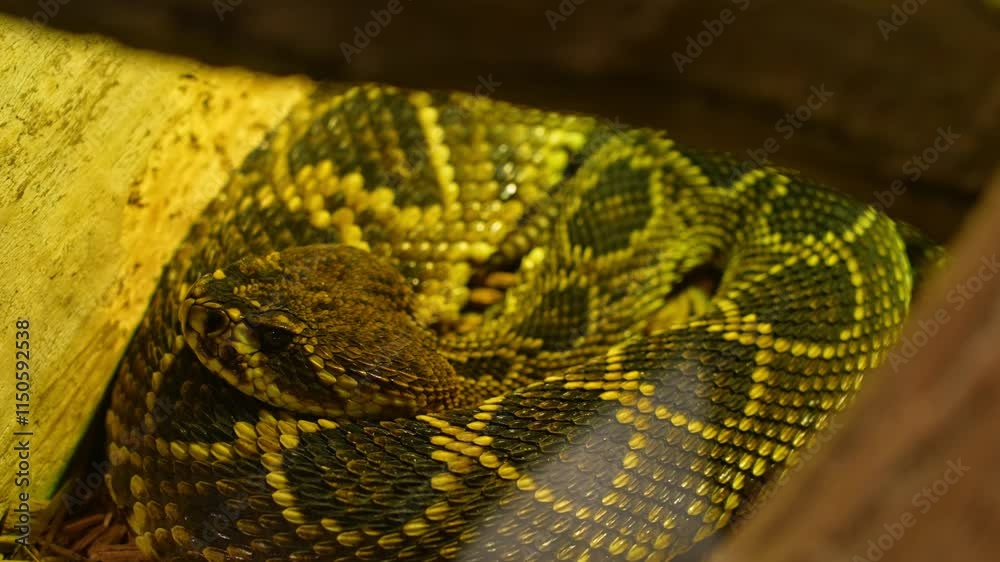 Eastern diamondback rattlesnake, largest and heaviest known species of venomous snake. Rattlesnake relaxing on the rock and looking at the camera. Closeup macro detail view of snake head and eyes.