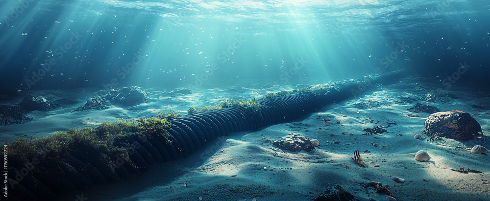 Fototapeta premium Internet cable on bottom of sea, panoramic view of communication line underwater, fish and seaweed in ocean. Concept of submarine, undersea, data