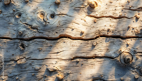 Weathered wooden planks with knots and grains, show the natural patterns and textures of the aged wood. photo