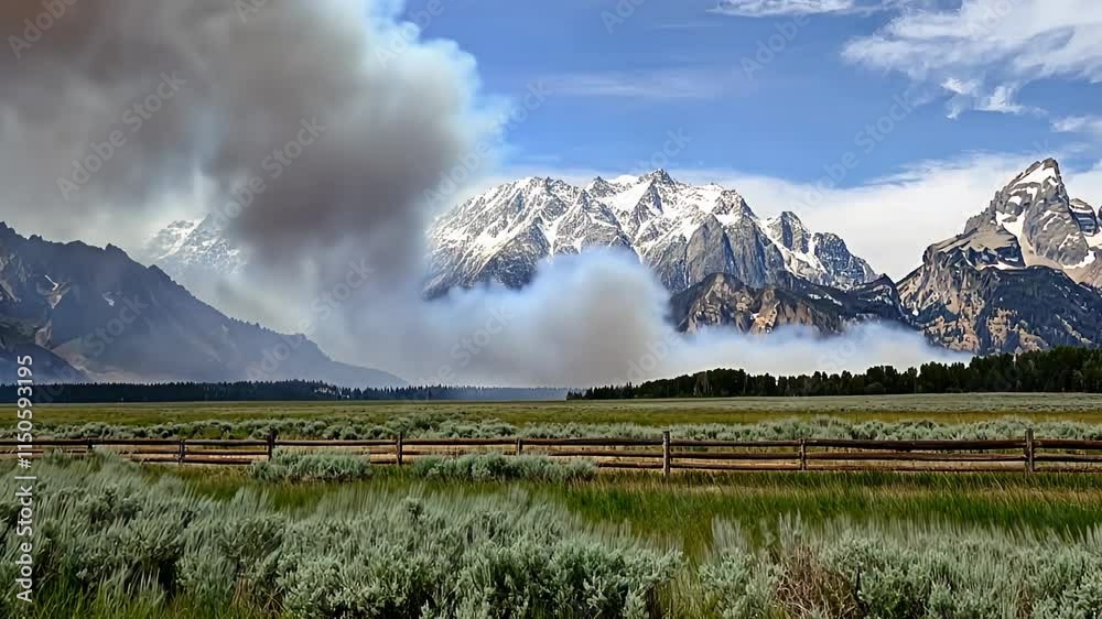 A dramatic display unfolds with thick smoke rising and spreading across the sky, obscuring mountains while flames consume the nearby forest in a national park during summer A dramatic display unfolds with thick smoke rising and spreading across the sky, obscuring mountains while flames consume the nearby forest in a national park during summer
