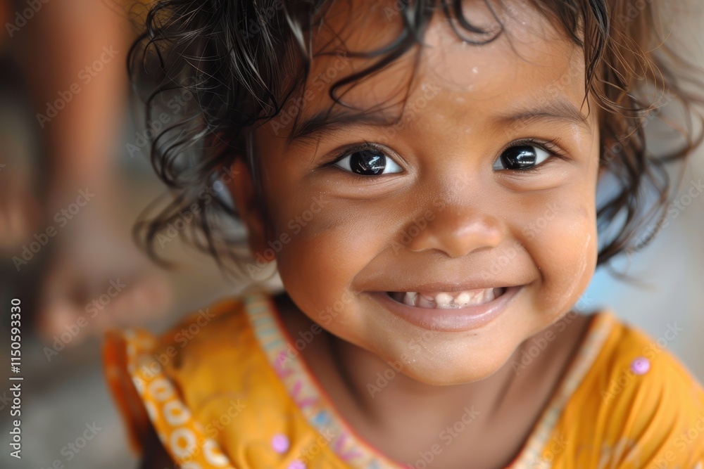 Child smiling joyfully in a colorful outfit during daytime in a relaxed outdoor environment, showcasing innocence and happiness