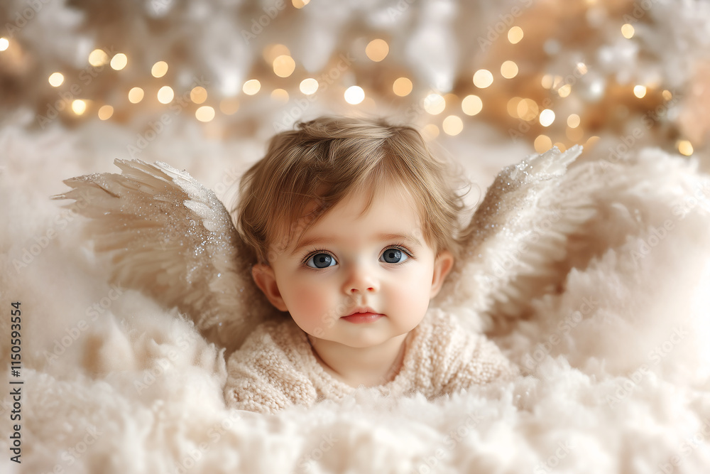 Adorable Baby Angel with white wings, on a fluffy blanket, looking at a camera, in a warm and soft atmosphere, for Christmas, or holiday themes
Adorable Baby Angel with white wings, on a fluffy blanket, looking at a camera, in a warm and soft atmosphere, for Christmas, or holiday themes