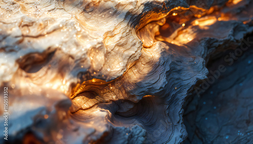 Closeup of a natural stone surface with intricate patterns and swirls of orange, brown, and blue hues. The texture appears to be a cross-section of a geode or agate , showcasing the beautiful and com photo