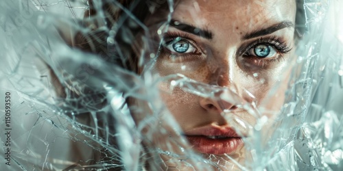 Fragmented Reflection: Woman’s Blue Eyes in a Surreal Glass Composition. Concept image banner against violence and abuse on women. psychological damage banner  photo