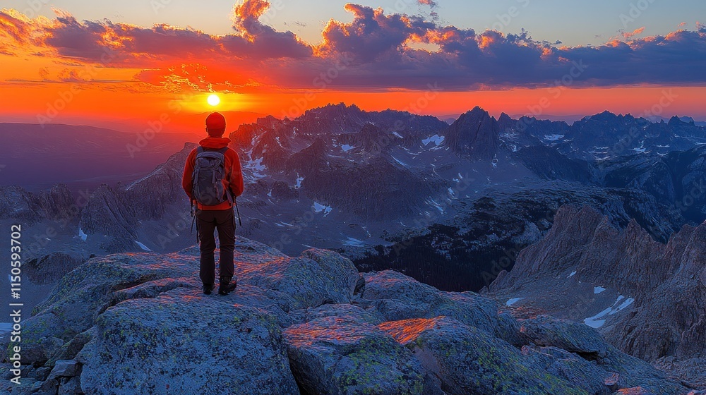 Fototapeta premium A hiker stands on a rocky ledge, admiring a vibrant sunset over mountain peaks.