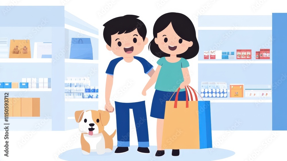 Friendly Couple in Pharmacy with Their Adorable Dog Engaging in a Caring Moment Surrounded by Shelves of Health Products and Family Care Items Friendly Couple in Pharmacy with Their Adorable Dog Engaging in a Caring Moment Surrounded by Shelves of Health Products and Family Care Items