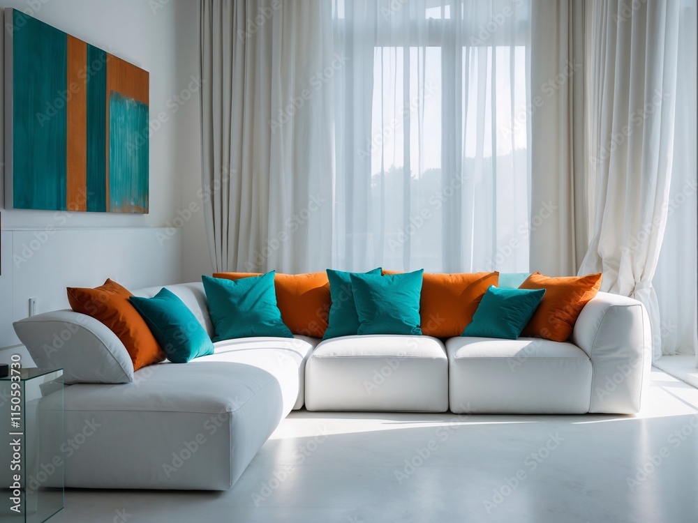 Elegant Italian Design White Sofa with Teal and Orange Cushions in Bright Room Elegant Italian Design White Sofa with Teal and Orange Cushions in Bright Room