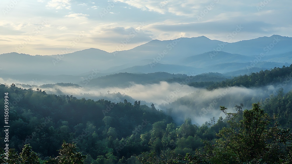 Obraz premium The mountains are covered in fog and the sky is cloudy