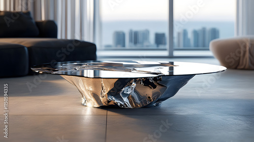 A creative coffee table designed as a fragmented glass surface over a reflective metal base. photo