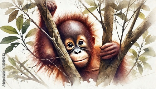 baby orangutan primate, hide and seek in nature animal in watercolour painting in minimalist white background, photo