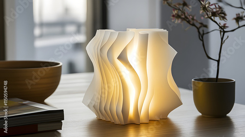 A creative table lamp designed like a folded sheet of glowing paper. photo