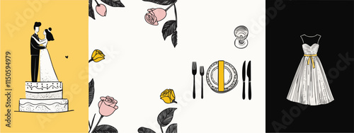 Hand drawn whimsical style wedding day illustrations. simple graphics for a beautiful bride and groom marriage invitation cards