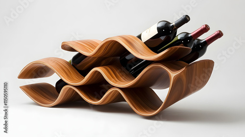 A creative wine rack shaped like a spiraling ribbon of polished wood. photo