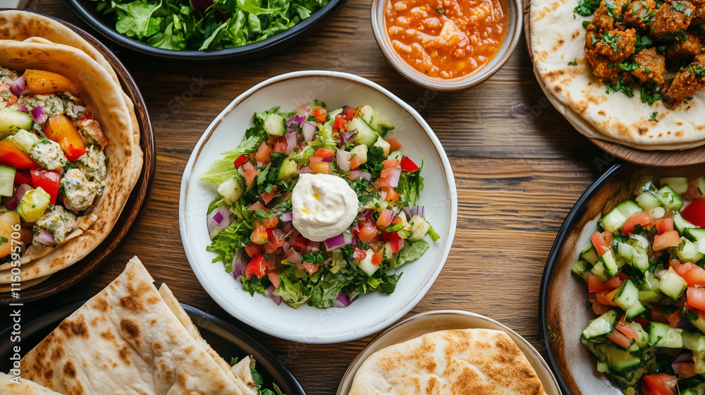 High-angle view of fattoush with toasted pita and fresh greens, light and airy presentation, inviting kitchen setup High-angle view of fattoush with toasted pita and fresh greens, light and airy presentation, inviting kitchen setup