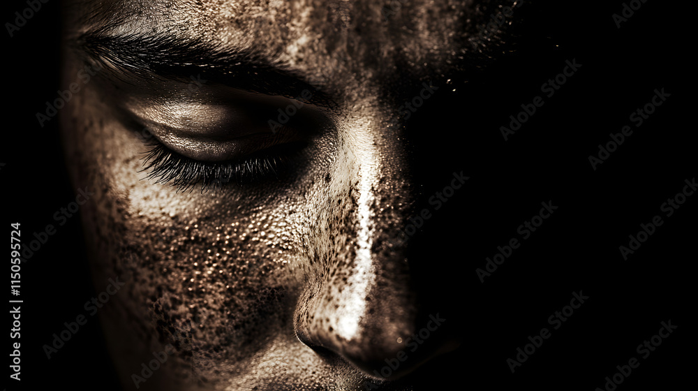 A determined face with closed eyes illuminated by sharp directional light. A determined face with closed eyes illuminated by sharp directional light.