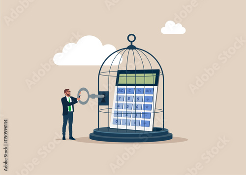 Lack of freedom in business. Businessman keeps a calculator in a cage. Flat vector illustration