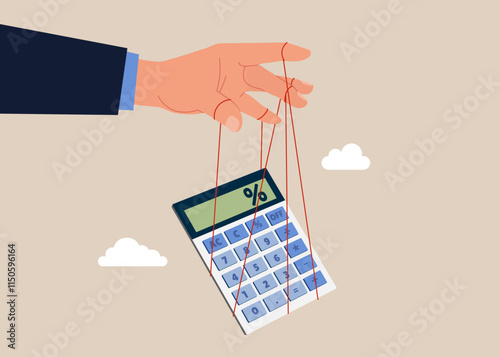 Businessman controls numbers in account and calculator. Loan calculation, budget allocation, expense and debt pay off or payment. Flat vector illustration