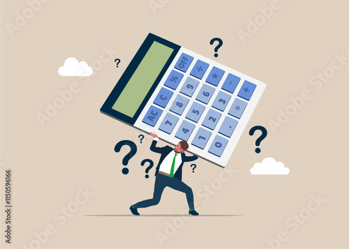Think about numbers. Loan calculation, budget allocation, expense and debt pay off or payment. Businessman holding a calculator thinking about calculations. Flat vector illustration