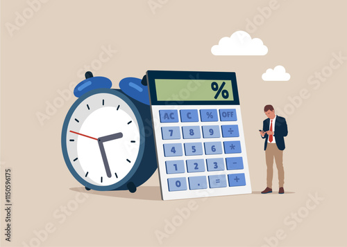 Businessman counts on a calculator. Optimization, duty, financial administration. Loan calculation, budget allocation, expense and debt pay off. Flat vector illustration