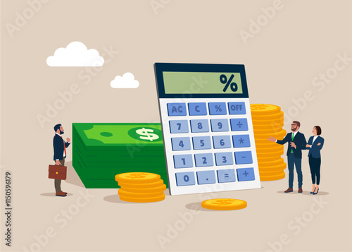 Calculator and stack of money in dollar. Loan calculation, budget allocation, expense and debt pay off or payment. Flat vector illustration