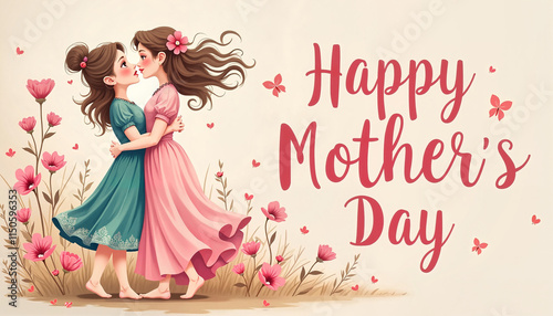 Illustration of two girls celebrating Mother's Day with flowers and butterflies in a joyful scene