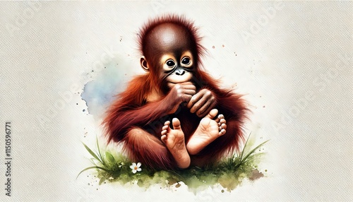 baby orangutan primate, playing in nature, animal in watercolour painting in minimalist white background, photo