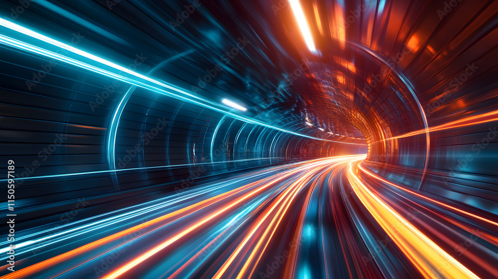 A dynamic race through an illuminated urban tunnel with streaks of glowing lights. A dynamic race through an illuminated urban tunnel with streaks of glowing lights.