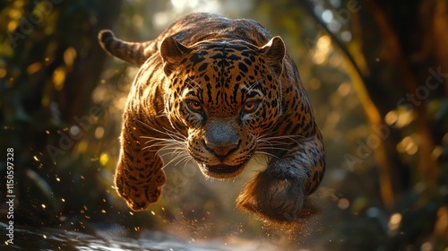 A jaguar leaps through a lush jungle, showcasing its agility and power. photo