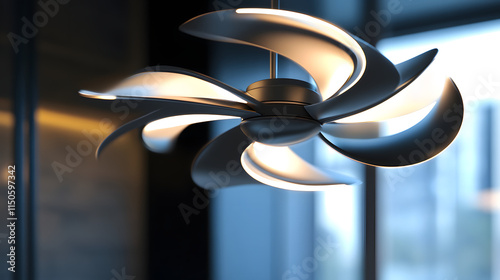 A dynamic sculpture-like ceiling fan with twisting glowing blades. photo