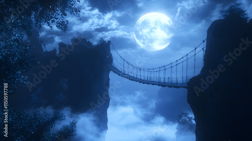 A floating bridge made of light connecting two surreal cliff faces above glowing mists. photo