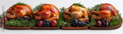 Set of four side-by-side, front-view images of a perfectly roasted chicken on a wooden board, isolated on a white background photo