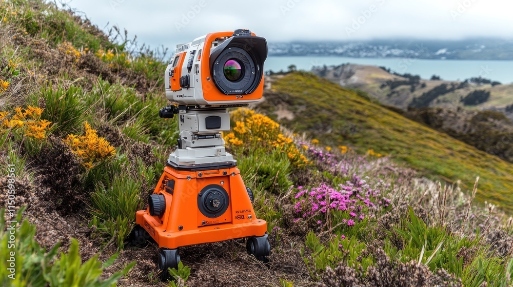Ruggedized camera on tripod positioned on a hillside overlooking a bay. Ruggedized camera on tripod positioned on a hillside overlooking a bay.