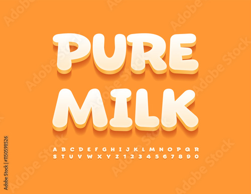 Vector advertising emblem Pure Milk. Bold White Font. Cute 3D Alphabet Letters, Numbers and Symbols set.