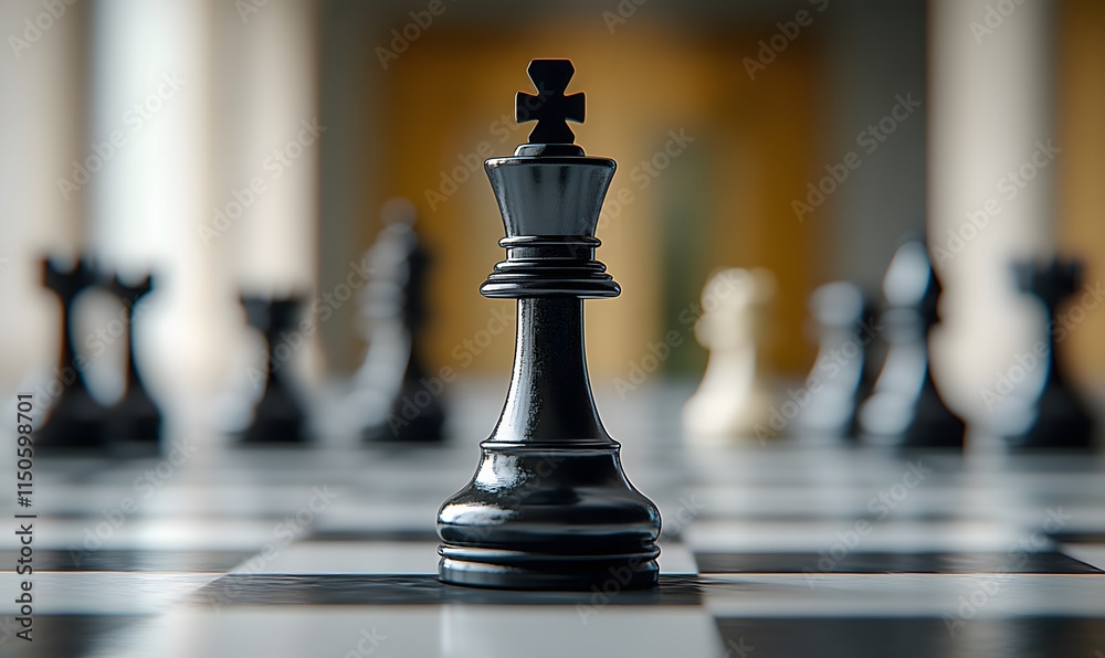 The king chess piece standing prominently with other pieces in the background The king chess piece standing prominently with other pieces in the background