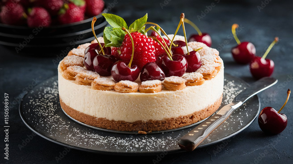 Fresh Cheesecake Topped with Sweet Cherries, Creamy Dessert with Red Fruits, Sugar-Coated Topping and Fresh Berries, Tasty Indulgent Treat for Dessert Lovers Fresh Cheesecake Topped with Sweet Cherries, Creamy Dessert with Red Fruits, Sugar-Coated Topping and Fresh Berries, Tasty Indulgent Treat for Dessert Lovers