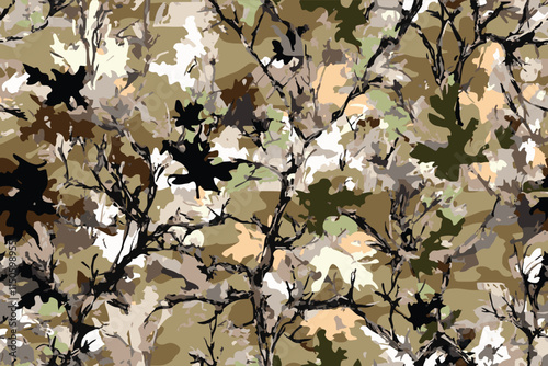 Forest camouflage. Tree branches, leaves, Christmas trees. Pattern for clothing, various products. Hunting camouflage seamless pattern background