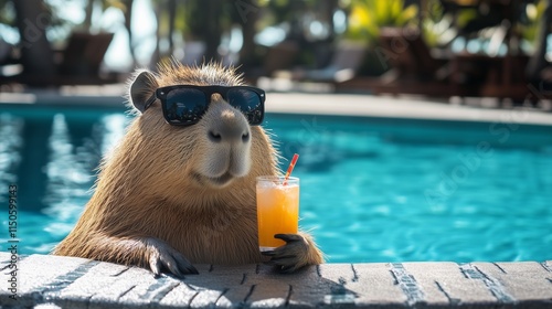 A capybara wearing sunglasses resting beside a swimming pool