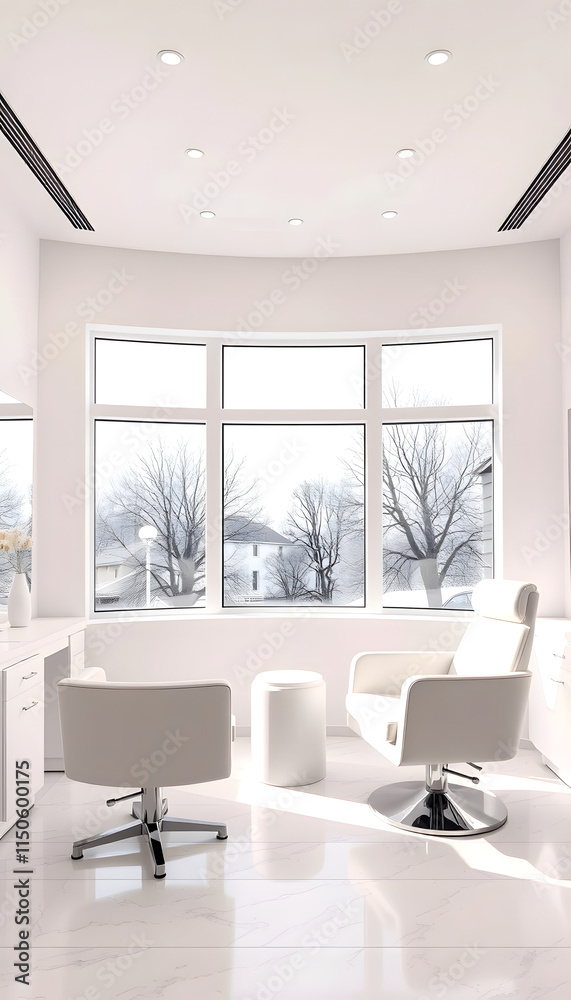 Fototapeta premium White modern beauty salon with armchairs, panoramic window. Mock up wall, papercraft