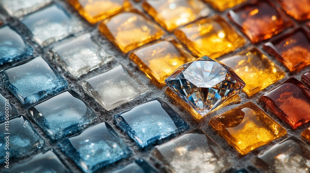 Shiny Diamond Placed on a Glossy Mosaic Tile Background Shiny Diamond Placed on a Glossy Mosaic Tile Background